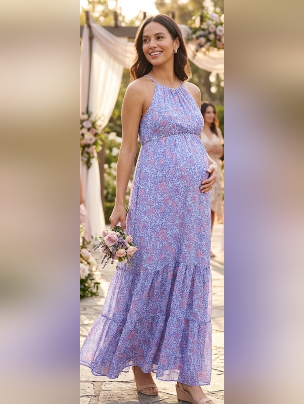 Motherhood Maternity Floral Halter Maxi Dress Baby Shower / Wedding Guest Size S